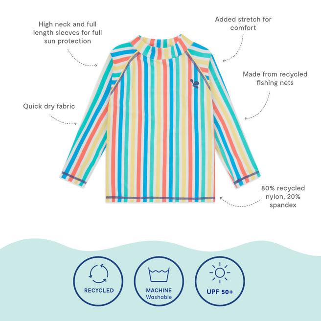 UV Protective Rash Vest Multi Stripe: a long-sleeved, stripy rash vest with descriptions of its features and recycling qualities.